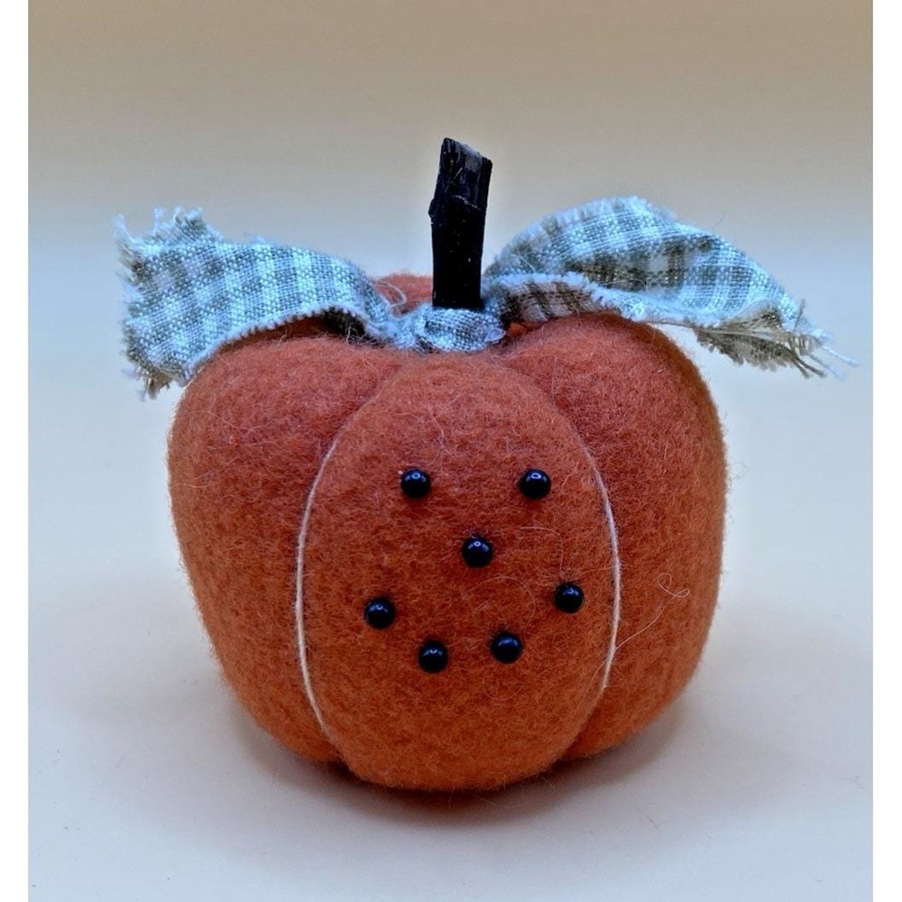 Vintage 2 3/4" Fabric Felt Pumpkin  Wood Stem Pinhead Eyes and Mouth